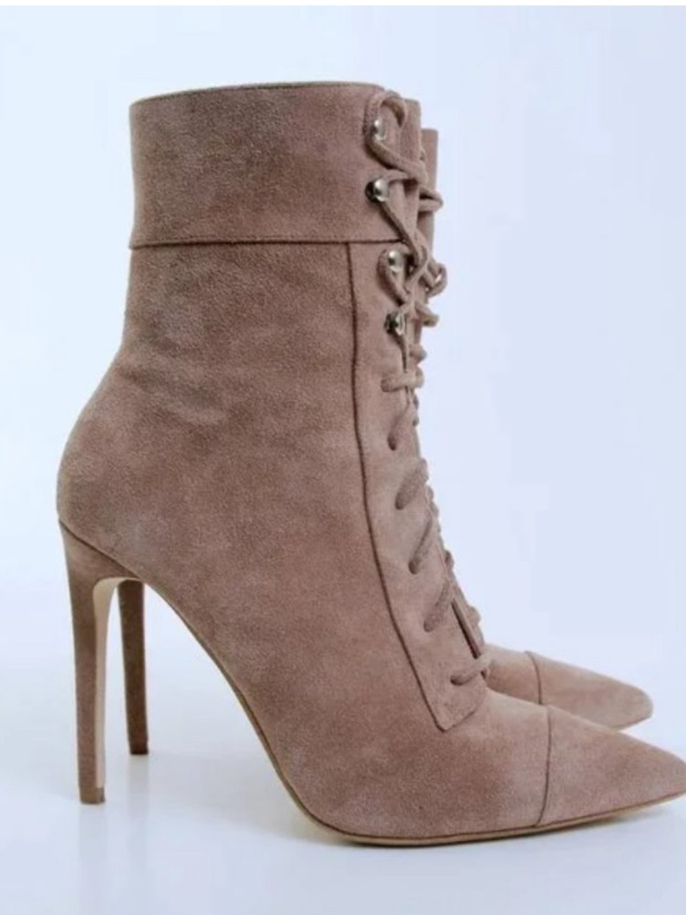 Jeffrey Campbell Taupe Suede Lace-Up Pointed Ankle Boots